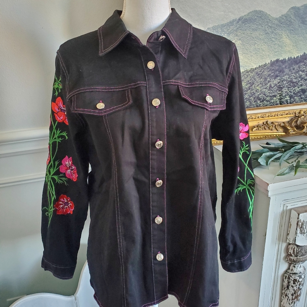 1990s Vintage Bob Mackie wearable art women's black cotton Embroidered floral sh